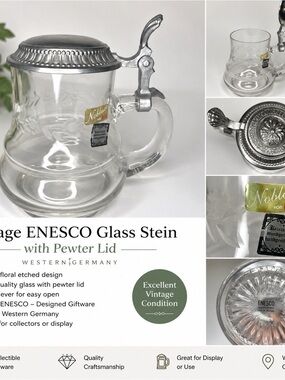 Enesco Clear Glass Stein with Pewter Lid and Floral Etching